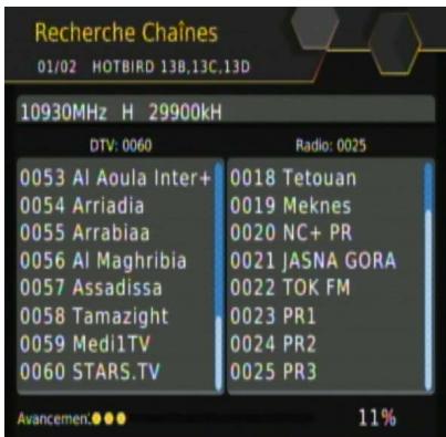 Recherche Chaînes 01/02 HOTBIRD 13B,13C,13D 10930MHz H 29900kH DTV: 0060 Radio: 0025 0053 Al Aoula Inter+ 0054 Arriadia 0055 Arrabiaa 0056 Al Maghribia 0057 Assadissa 0058 Tamazight 0059 Medi1TV 0060 STARS.TV 0018 Tetouan 0019 Meknes 0020 NC+ PR 0021 JASNA GORA 0022 TOK FM 0023 PR1 0024 PR2 0025 PR3 Avancemen.●●● 11%