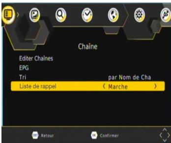 Chaîne Editor Chaînes EPG Tri par Nom de Cha Liste de rappel ( Marche ) Retour Confirmer