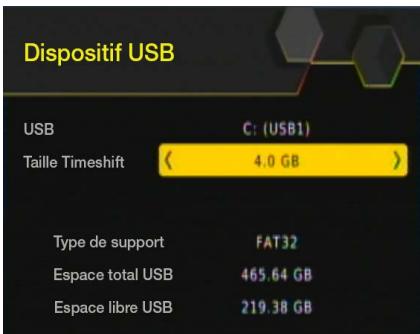 Dispositif USB USB C: (USB1) Taille Timeshift 4.0 GB Type de support FAT32 Espace total USB 465.64 GB Espace libre USB 219.38 GB