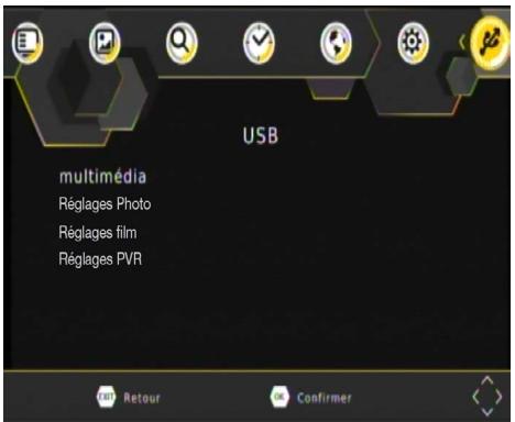 USB multimédia Réglages Photo Réglages film Réglages PVR Retour Confirmer