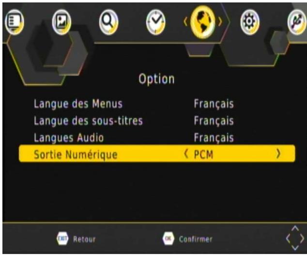 Option Langue des Menus Français Langue des sous-titres Français Langues Audio Français Sortie Numérique < PCM > OK Retour OK Confirmer