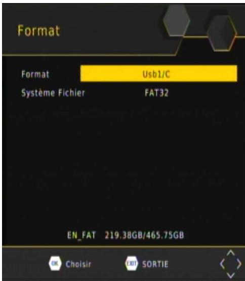Format Format Usb1/C Système Fichier FAT32 EN_FAT 219.38GB/465.75GB OK Choisir EXIT SORTIE