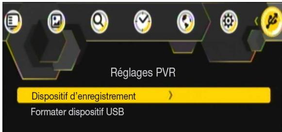 Réglages PVR Dispositif d'enregistrement > Formater dispositif USB