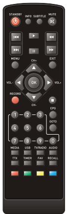 STANDARD INFO SUBTITLE MUTE MENU CH+ EXIT VOL- OK VOL+ RECORD CH- CIO CPO 1 2 3 4 5 6 7 8 9 10 MEDIA USB TV/RADO AUDIO TTX TIMER FAY RECALL