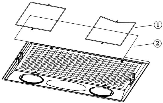 Technical diagram of a device with labeled components, showing two parts (① and ②) stacked on a grid-patterned base.