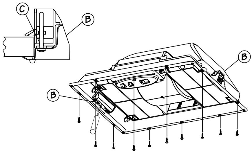 Technical diagram of a device with labeled components A, B, and C, showing internal structure and assembly details.