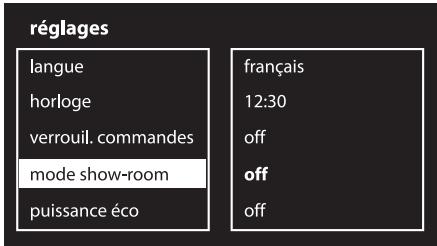 réglages langue horloge verrouil. commandes mode show-room puissance éco français 12:30 off off off