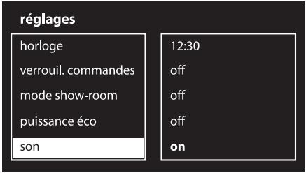 réglages horloge verrouil. commandes mode show-room puissance éco son 12:30 off off off on