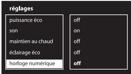 réglages puissance éco son maintien au chaud éclairage éco horloge numérique off on off off off