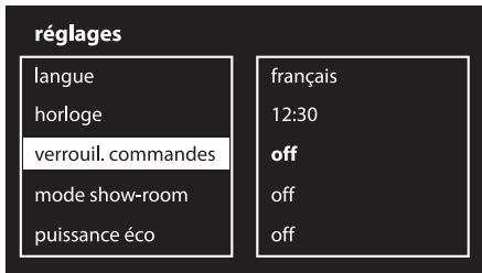 réglages langue horloge verrouil. commandes mode show-room puissance éco français 12:30 off off off
