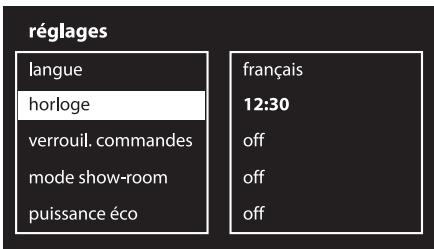 réglages langue horloge verrouil. commandes mode show-room puissance éco français 12:30 off off off