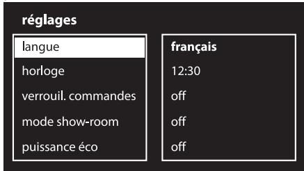 réglages langue horloge verrouil. commandes mode show-room puissance éco français 12:30 off off off
