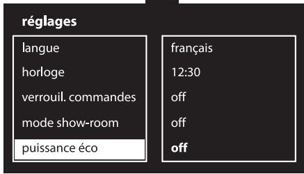réglages langue horloge verrouil. commandes mode show-room puissance éco français 12:30 off off off