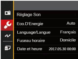Réglage Son Eco.D'Energie Auto Language/Langue Français Fuseau horaire Domicile Date et heure 2017.05.30 00:00