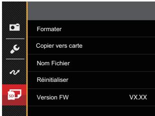 Formater Copier vers carte Nom Fichier Réinitialiser Version FW VXXX