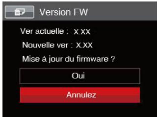Version FW Ver actuelle : X.XX Nouvelle ver : X.XX Mise à jour du firmware ? Oui Annulez