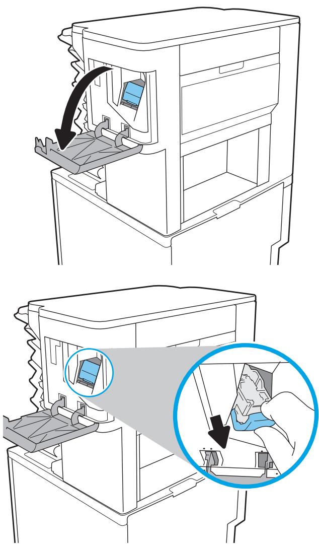 Technical diagram showing two steps of a computer tower with highlighted internal components and directional arrows indicating process flow.