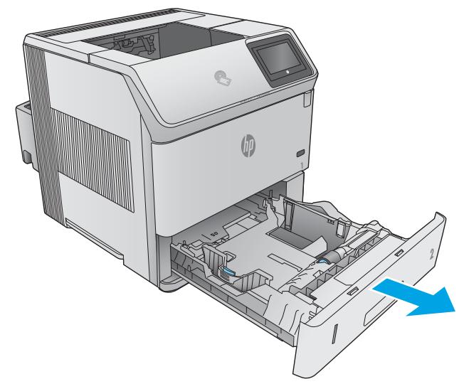HP JET PRO M404DN - Avant de charger le bac, réglez les guides de largeur en appuyant sur les taquets de réglage et en faisant glisser les guides jusqu'au format du papier utilisé. - 1