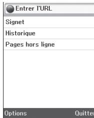 Entrer l'URL Signet Historique Pages hors ligne Options Quitter