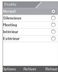 Profils Normal Silencieux Meeting Intérieur Extérieur Options Active Retour