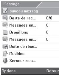 Message ouveau messag Boîte de réc... 0/0 Messages en... 0 Brouillons 0 Messages en... 0 Boîte de réce... Modèles Serveur mes... Options Retour