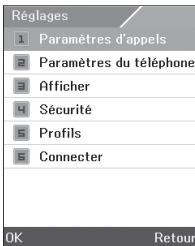 Réglages 1 Paramètres d'appels 2 Paramètres du téléphone 3 Afficher 4 Sécurité 5 Profils 6 Connecter OK Retour