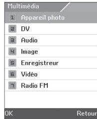 Multimedia 1 Appareil photo 2 DV 3 Audio 4 Image 5 Enregistreur 6 Vidéo 7 Radio FM OK Retour