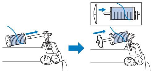 BROTHER CX70PE - Insérez bien complètement la bobine de fil destinée à la canette, puis faites glisser le capuchon de bobine sur le porte-bobine. - 1