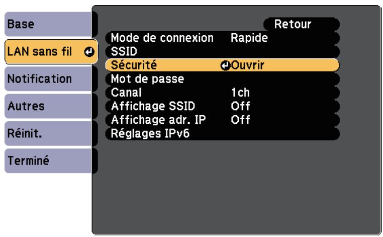 EPSON TW 5600  -  TW5650 - Sélectionnez le paramètre sécurité et appuyez sur [enter]. - 1