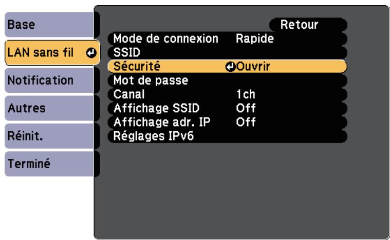 EPSON EB W41 - Sélectionnez le paramètre sécurité et appuyez sur [enter]. - 1
