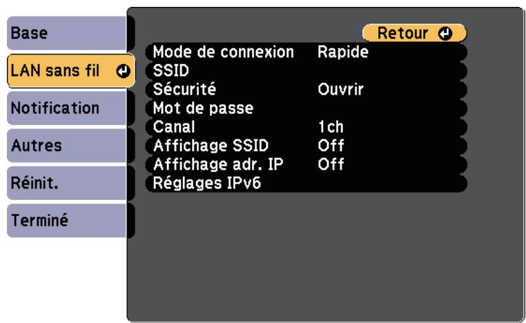 EPSON EB W41 - Menu Réseau - Menu LAN sans fil - 1