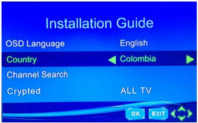 Installation Guide OSD Language English Country Colombia Channel Search Crypted ALL TV OK EXIT