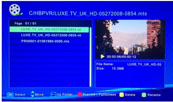 C/HBPVR/LUXE.TV_UK_HD-05272008-0854.mts Page 01 / 01 LUXE.TV_UK_HD-05272008-0854.mt LUXE.TV_UK_HD-05272008-0859.mt PR00001-01061980-0000.mts 00:00:06/00:00:12 File Name: LUXE.TV_UK_HD-05 Size: 15.3MB OK Select Move OK Up Folder Preview / FullScreen Delete Rename