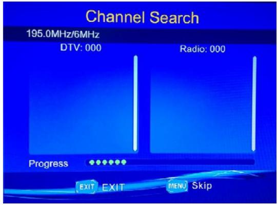 Channel Search 195.0MHz/6MHz DTV: 000 Radio: 000 Progress EXIT EXIT MENU Skip