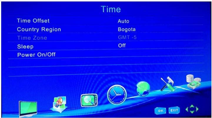 Time Time Offset Auto Country Region Bogota Time Zone GMT -5 Sleep Off Power On/Off OK EXIT
