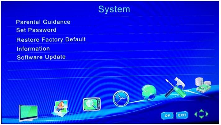 System Parental Guidance Set Password Restore Factory Default Information Software Update