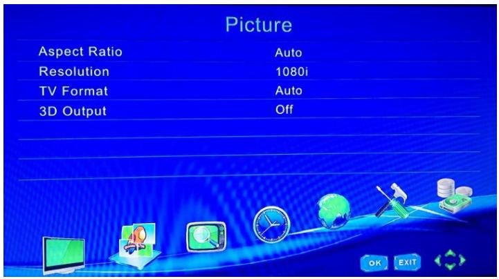 Picture Aspect Ratio Auto Resolution 1080i TV Format Auto 3D Output Off