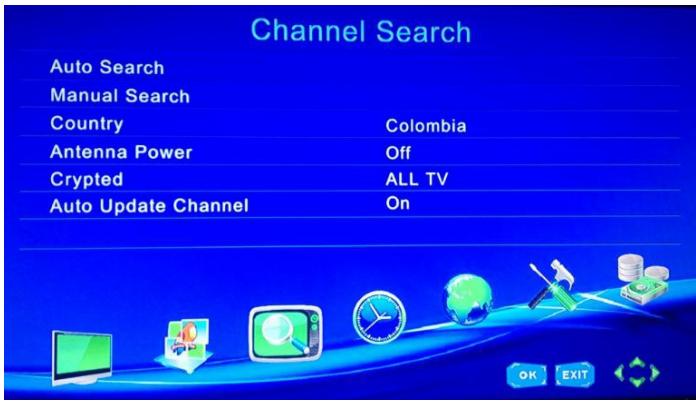 Channel Search Auto Search Manual Search Country Colombia Antenna Power Off Crypted ALL TV Auto Update Channel On