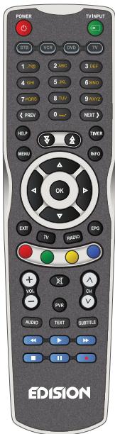 POWER STB VCC DVD TV TV INPUT 1 2 3 4 5 6 7 8 9 0 PREV HELP MENU INFO OK EAT TV RADIO EPG + VOL - PVR - AUDIO TEXT SUBTITLE EDISION