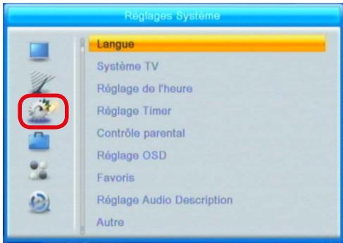 SEDEA SNT850HD USB - Accédez au MENU «réglatges systéme» en appuyant sur la touche MENU : - 1