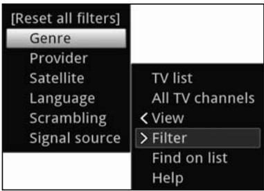 [Reset all filters] Genre Provider Satellite Language Scrambling Signal source TV list All TV channels < View > Filter Find on list Help