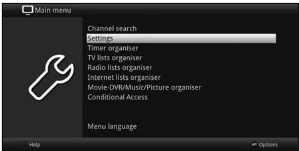 Main menu Channel search Settings Timer organiser TV lists organiser Radio lists organiser Internet lists organiser Movie-DVR/Music/Picture organiser Conditional Access Menu language Help Options