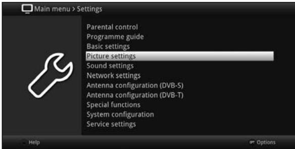 Main menu > Settings Parental control Programme guide Basic settings Picture settings Sound settings Network settings Antenna configuration (DVB-S) Antenna configuration (DVB-T) Special functions System configuration Service settings Help Options
