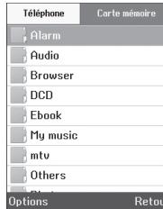 Téléphone Carte mémoire Alarm Audio Browser DCD Ebook My music mtv Others Options Retou
