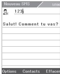 Nouveau SMS 1/106 123 Salut! Comment tu vas? Options Contacts Effacer