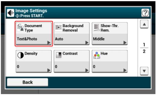 Image Settings Press START. Document Type Text&Photo Background Removal Auto Show-Thr. Rem. Middle Density 0 Contrast 0 Hue 0 Back
