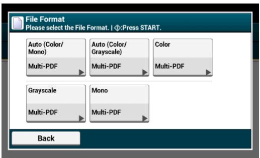 File Format Please select the File Format. | ♦:Press START. Auto (Color/ Mono) Multi-PDF Auto (Color/ Grayscale) Multi-PDF Color Multi-PDF Grayscale Multi-PDF Mono Multi-PDF Back