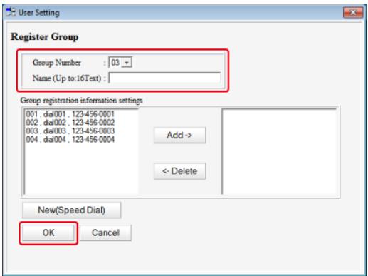 Register Group Group Number : 03 Name (Up to:16Text) : Group registration information settings 001 .da001 . 123-456-0001 002 .da002 . 123-456-0002 003 .da003 . 123-456-0003 004 .da004 . 123-456-0004 Add -> <- Delete New(Speed Dial) OK Cancel