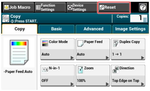 Job Macro Function Settings Device Settings Reset Copy Press START. Copies: 1 Copy Basic Advanced Image Settings Color Mode Paper Feed Duplex Copy Auto Auto 1 → 1 N-in-1 Zoom Direction OFF 100% Top Edge on Top -Paper Feed:Auto