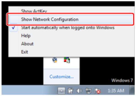 Show ArtKey Show Network Configuration Start automatically when logged onto Windows Help About Exit Customize... 1:35 AM Windows 7